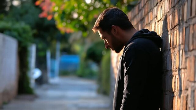 Faceless silhouette leaning against a wall with head bowed, expressing quiet sadness, background softly blurred, with copy space