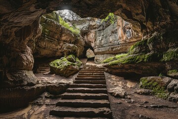 Obraz premium Moss covered rocks and a stone staircase ascending towards a naturally lit cave entrance, creating a mystical atmosphere