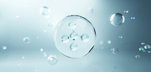 Clean skincare concept of transparent serum molecule floating in liquid. Visualization of hydration, active ingredients delivery, skin balance and advanced cosmetic science technology.