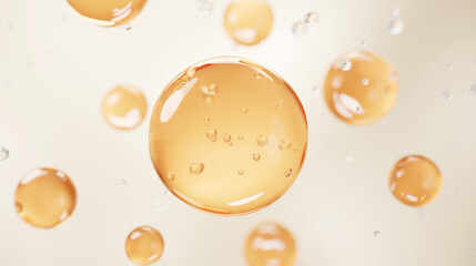 Luxury golden serum bubbles floating in clean liquid background. Concept of active ingredients, deep hydration, skin nourishment and advanced cosmetic science technology for premium skincare products.