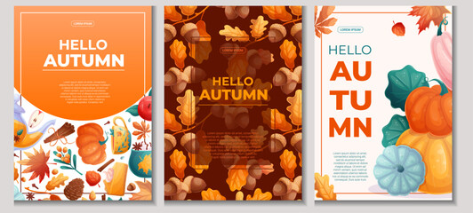 A set of flyer design templates with autumn leaves, drinks and food. The concept of autumn, Thanksgiving day. Vector illustration for seasonal design of banners, posters, promotions, invitations. © Liubov