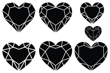 Black faceted heart shaped gemstones on white background