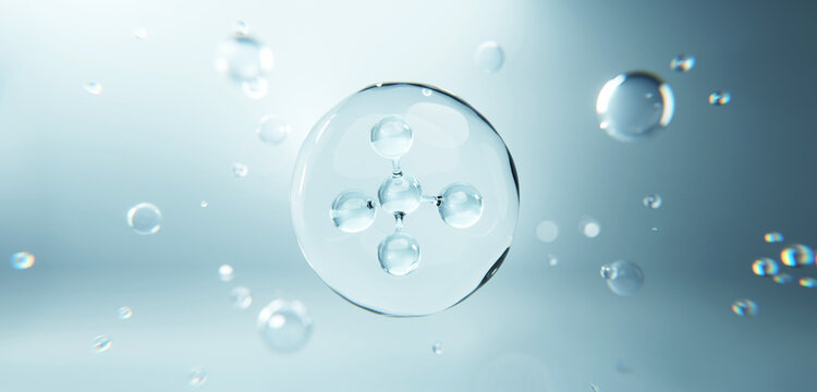 Clean skincare concept of transparent serum molecule floating in liquid. Visualization of hydration, active ingredients delivery, skin balance and advanced cosmetic science technology.