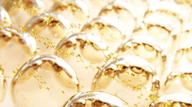 Luxury golden serum microcapsules floating in liquid texture. Concept of active ingredients delivery, deep hydration, skin nourishment and advanced cosmetic science technology for premium skincare.