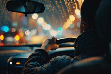 Driver navigating busy city streets at night during a rainstorm