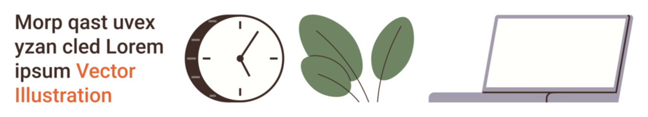 Time management, eco awareness, remote work, productivity, minimalism, digital lifestyle. Clock, leaves and laptop on a clean layout. Time management and eco awareness concept