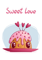 A design template for Valentine's Day greeting cards. Cute cupcake decorated with hearts. A smiling character. Sweet love. Vector illustration for the design of postcards, cards, posters, banners