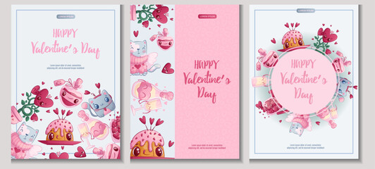 A set of greeting cards for Valentine's Day. A bottle of potion, champagne, cats, a plant, a cupcake, hearts. Vector illustration for the design of a postcard, invitation card, poster, banner © Liubov