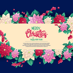 A colorful background for an invitation or greeting card for Christmas and new year. A traditional Christmas poinsettia plant on a blue background. Vector illustration
