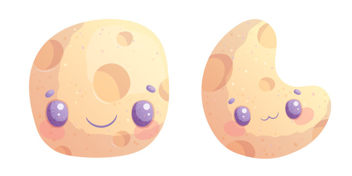 A cute moon and crescent moon on white background. The concept of autumn, Halloween. Children's vector design illustration for making postcards, postcards for printing, textiles