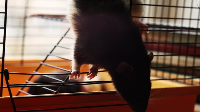 Domestic rats in a cage go out and want walking, playing. A rodents with whiskers, a tail, and whitefooted mice is sitting in a cage, gazing out the window. It may be a pet or a pest like packrats 
