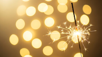 Bright Sparkler Amidst a Softly Blurred Golden Bokeh Background Creating a Festive and Magical Ambiance