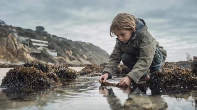 A young child crouches on a rocky shoreline, peering into a shallow tide pool among seaweed.