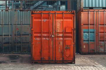 Old, rusty orange shipping container sits closed and locked in an industrial storage yard, surrounded by other containers