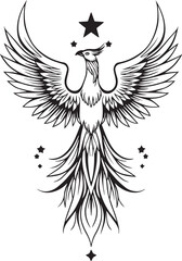 Obraz premium Phoenix in Flight: A majestic phoenix, depicted in intricate detail, soars against a starry backdrop, its wings outstretched in a symbol of renewal and strength.