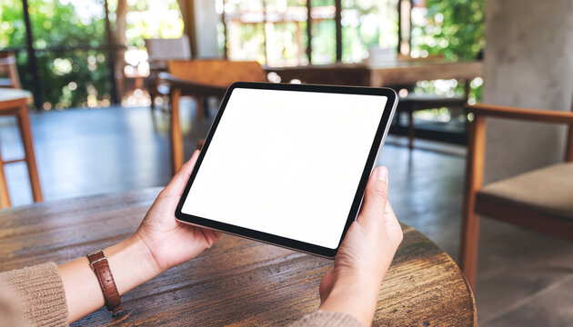 Hands and people holding modern tablets and phones with blank screens in cafe, nature, and home settings. Great for digital display mockups.