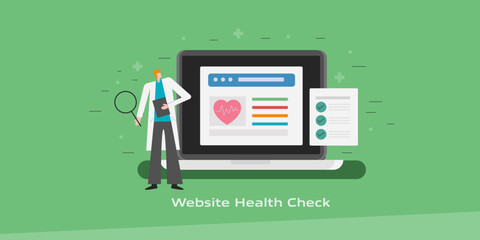 SEO expert with magnifier wearing apron like medical physician diagnosing website health check and maintain checklist.