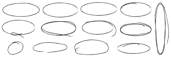 Handdrawn doodle grunge circle highlights. Charcoal pen round ovals. Marker scratch scribble inrounder. Round scrawl frames. Vector illustration of freehand painted circular note. black highlight circ