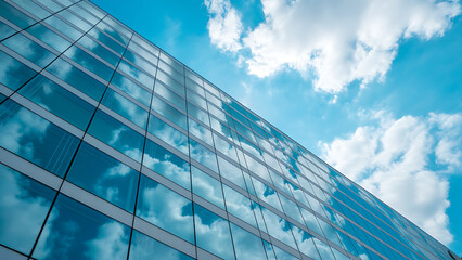 Modern glass building reflects blue sky and clouds in vibrant urban scene