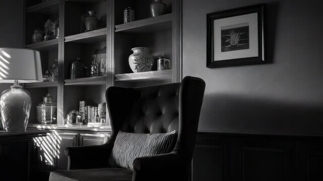 Cozy vintage reading corner with a tufted armchair, tall bookcases, and a lamp casting striped sunlight.