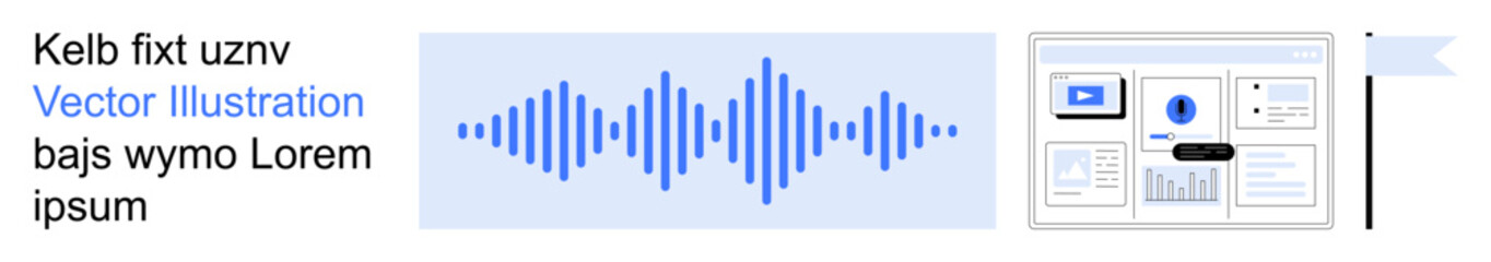 Sound systems, data interfaces, communication tools, digital analytics, information design, tech interfaces. Audio waveform next to a data-oriented user interface. Sound systems and digital analytics