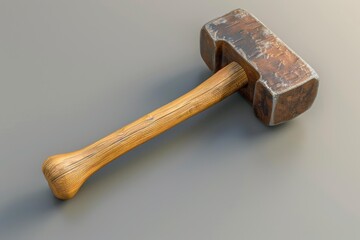 Rusty hammer with wooden handle lying on gray background, ready for construction and carpentry work