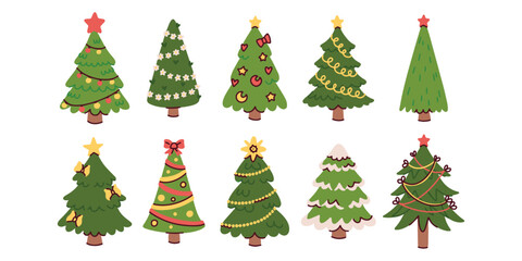 Collection of festive fir trees decorated with balls, stars and garlands. Vector set of evergreen spruces for New Year and Xmas holiday design.