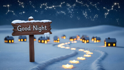Good night sign in snowy village under starry sky with lights leading to houses