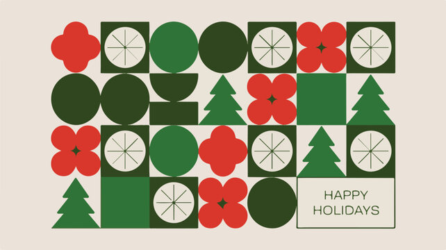 Geometric Holiday Pattern with Festive Trees and Flowers, a Minimalist Design for Celebrations