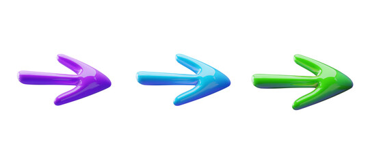 A set of glossy 3D arrows in vibrant purple, blue and green colors.