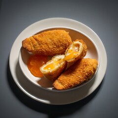 Deep-Fried Brie Wedges with Apricot Sauce: Golden, crispy deep-fried Brie wedges with flowing center and apricot dipping sauce