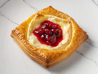 Camembert and Cranberry Puff Pastry Tart: A close-up of a golden puff pastry tart filled with melted Camembert and cranberry sauce