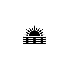 Illustration of sun rising over water with wavy lines below on transparent background
