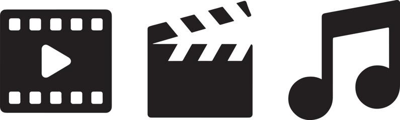 Obraz premium Video film strip play button clapperboard musical note icons set for digital entertainment media