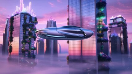 Retro-futuristic neon cityscape with sleek silver hovercar and fantasy glowing skyscrapers at twilight