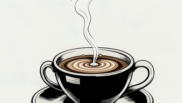 Animated 4K Ultra HD 2D animation video of a simple drawn cup of coffee with visible steam from the hot drink symbolizing morning coffee the start of the day and a good mood set on a white background