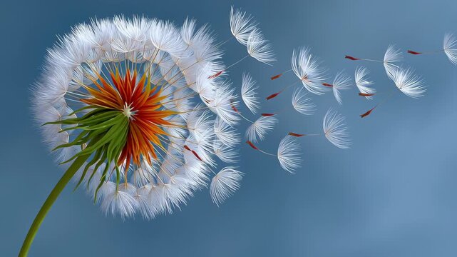 Dandelion seeds dispersing in the breeze, showcasing delicate white fluff and vibrant orange center, with a gradual zoom out revealing the full flower and surrounding atmosphere