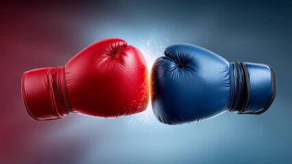 Dynamic clash of red and blue boxing gloves colliding in an explosive moment, showcasing the intensity of competition and the thrill of the sport, camera captures the action with a dramatic focus