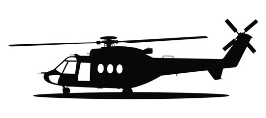 A black silhouette of a helicopter is shown against a white background.