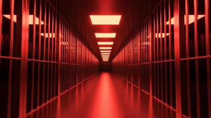 Crimson Cage Prison bars glow red with deep inside correction facility hall. - Powered by Adobe