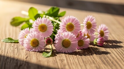 Bunch of pink daisies with yellow centers on a rustic wooden surface flowers