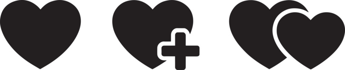 Obraz premium Heart icons set plain heart plus sign overlay medical symbol and overlapping couple hearts vector