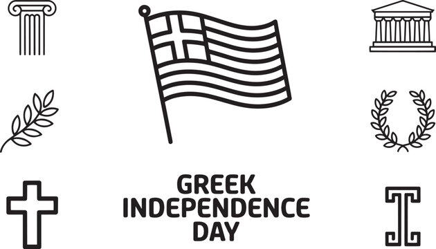 Greek independence day banner celebration line style illustration featuring national symbols