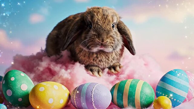 Bunny rabbit with decorative easter eggs on a fluffy pink cloud close up studio shot copy space