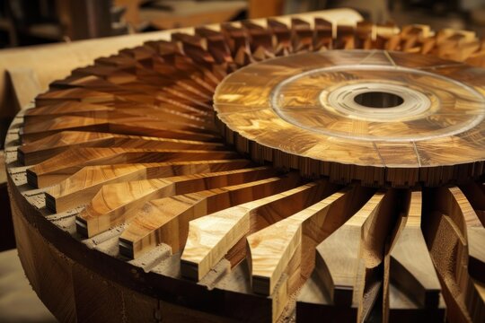 Circular wooden wheel being assembled with dovetail joints by a carpenter in a workshop
