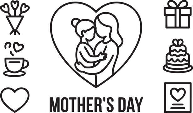 Mother's day outline icons set showing mom and child embracing inside heart shape