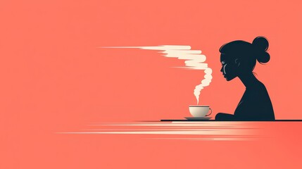 Silhouette of woman enjoying hot beverage, steam rising from cup, calm morning ambiance, freelance work break, warm background.