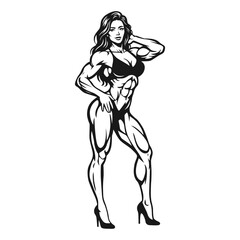 Muscular Female Bodybuilder Posing in Line Art Style