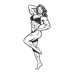 Muscular Female Bodybuilder Posing in Line Art Style