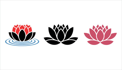 Three stylized lotus flowers in red black and pink on white background with water ripples water lily